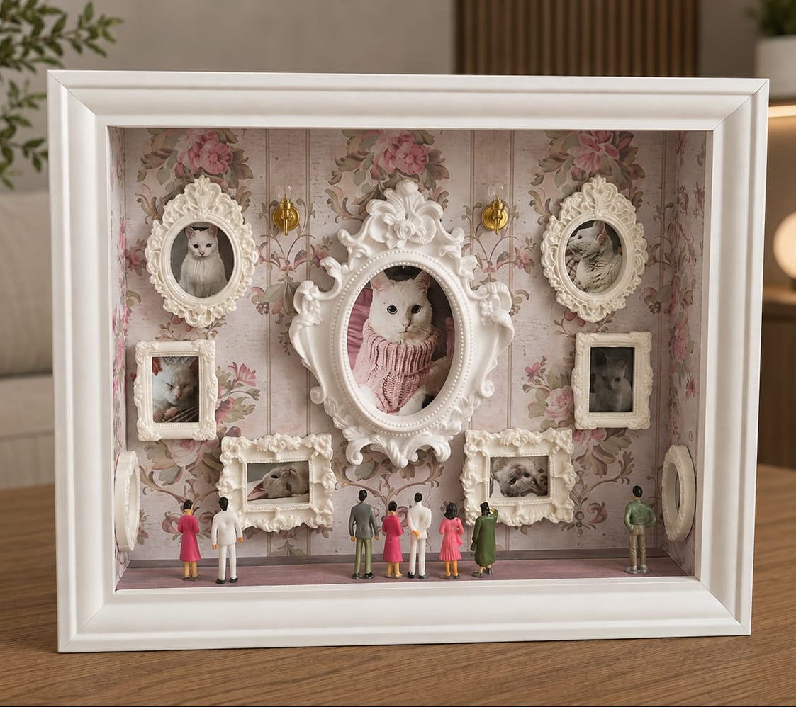 A white shadow box photo frame displayed, handmade gift for pet lovers. Pet museum and museum of us. The frame features a vintage floral wallpaper background with miniature figurines, small picture frames. 