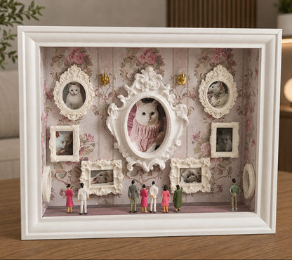 A white shadow box photo frame displayed, handmade gift for pet lovers. Pet museum and museum of us. The frame features a vintage floral wallpaper background with miniature figurines, small picture frames. 